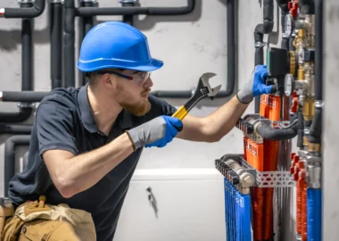 The technician checking the heating system in the boiler room. The technician checking the heating system in the boiler room. Adjusting heating valves in a residential building. A plumbing and heating technician works.